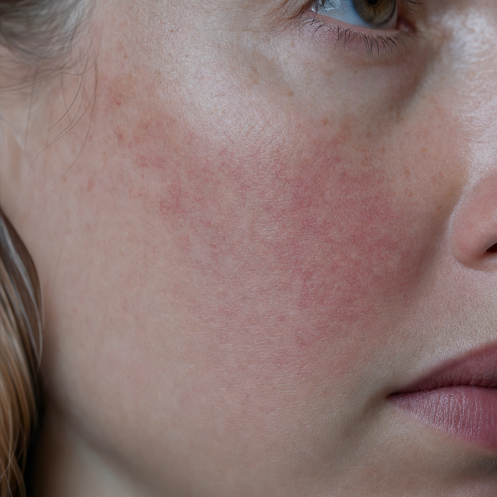 Peau sensible — rougeurs diffuses sur la joue